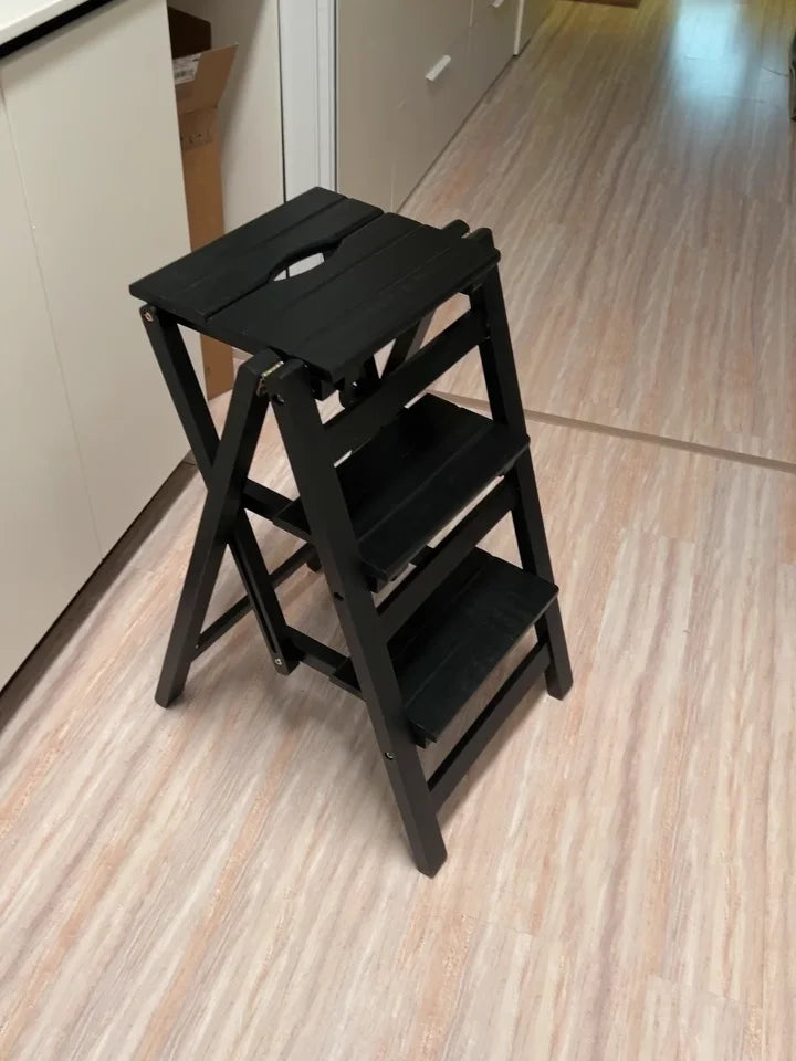 Multi-functional Bamboo Wood Folding Ladder Chair Kitchen Hat Rack 2 Step Ladder Province Space Stair Chair Plant Rack Furniture