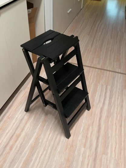 Multi-functional Bamboo Wood Folding Ladder Chair Kitchen Hat Rack 2 Step Ladder Province Space Stair Chair Plant Rack Furniture