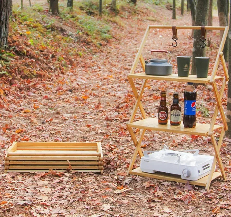 Camping Tables Outdoors Folding Table Portable Camping Wood Shelf Outdoor Portable Storage Rack Multi-Layer Foldable Bamboo Rack Aimak Store