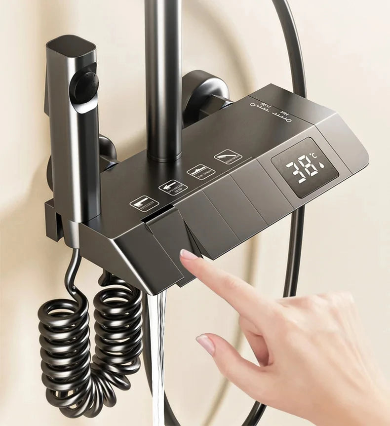 Piano Keys Shower System Set Bathroom Shower Set Gray Black Bathtub Hot and Cold Shower Faucet LED Digital Copper Tap Shower Set Aimak Store