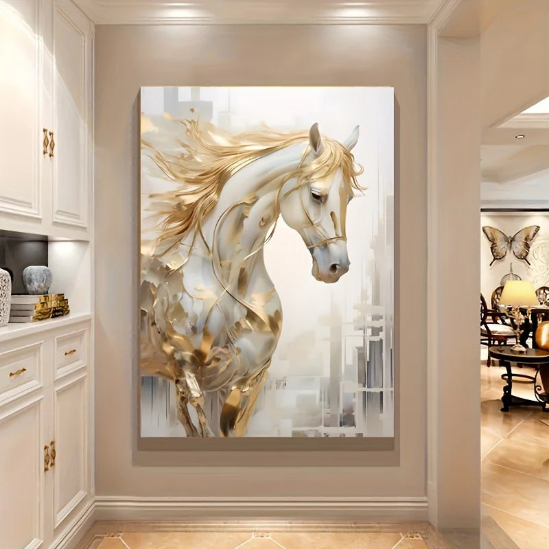 Frameless Golden Horse Canvas Wall Art Modern Decor with Urban Backdrop,White Golden Abstract Painting for Living Room Bedroom Aimak Store