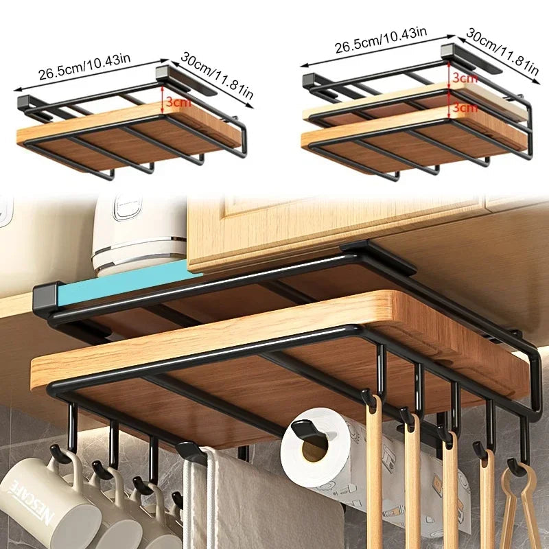 New Kitchen Hanging Organizer Rack with Hook Under Cupboard Paper Towel Rags Hanger Cutting Board Pot Cover Holder Storage Shelf Aimak Store