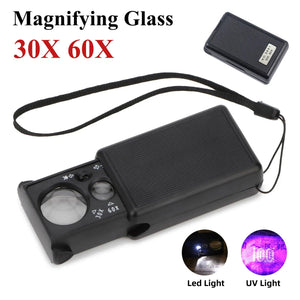 30X 60X Pocket Jewelry Magnifier Slide Out Illuminated Magnifying Glass with LED UV Light Handheld Loupe Lens For Diamond Coins Aimak Store