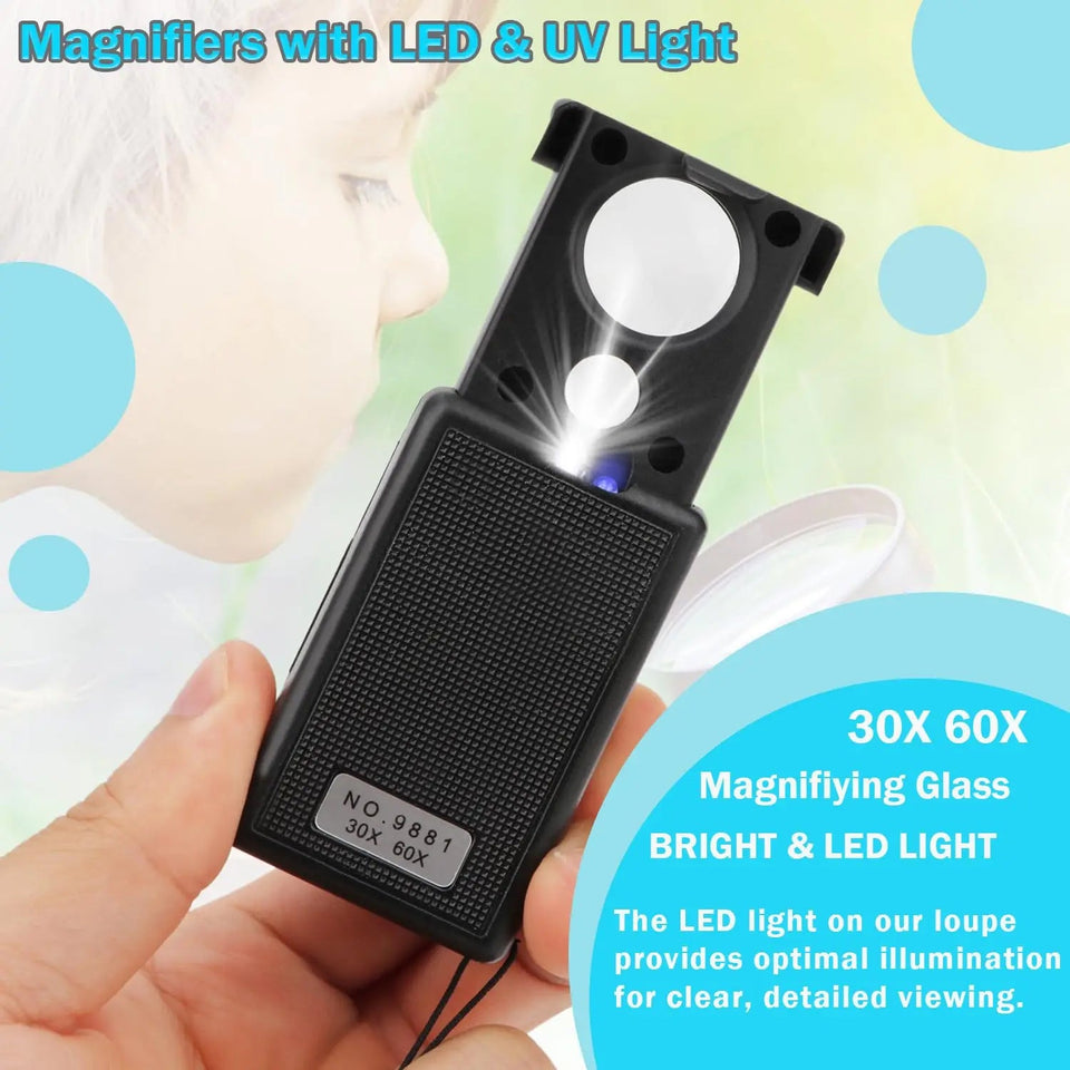 30X 60X Pocket Jewelry Magnifier Slide Out Illuminated Magnifying Glass with LED UV Light Handheld Loupe Lens For Diamond Coins Aimak Store