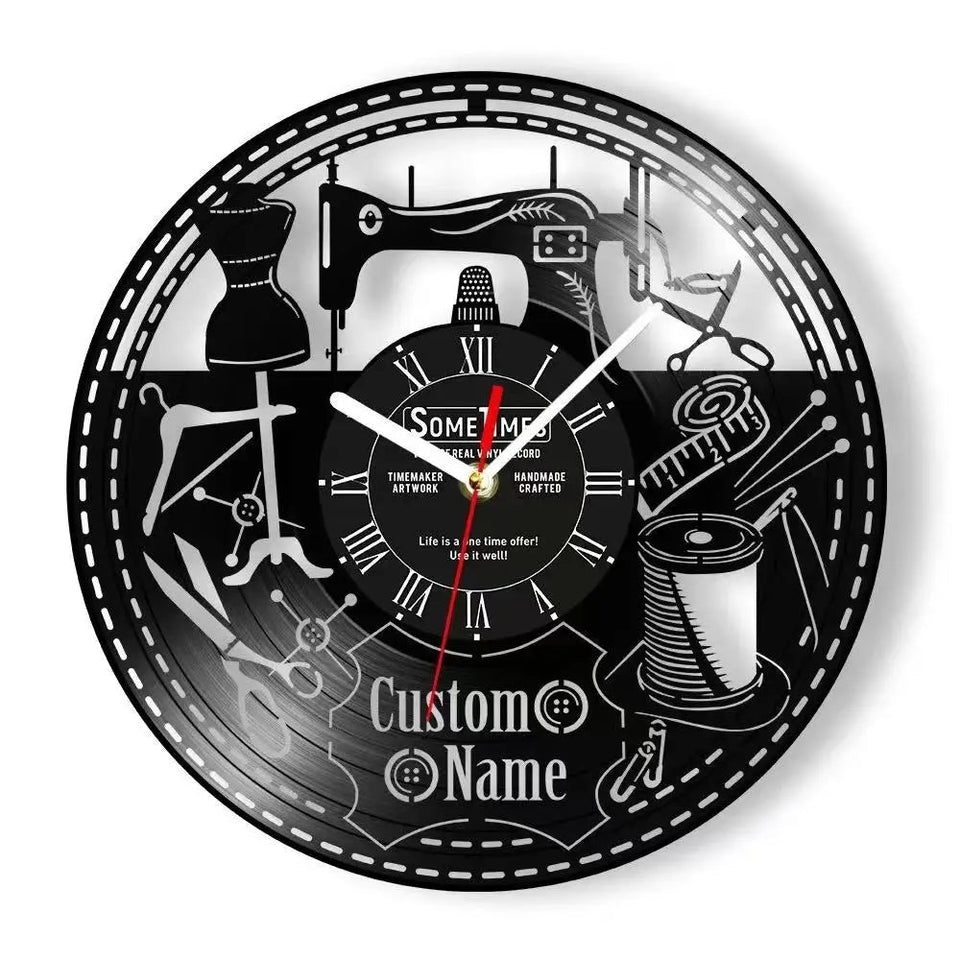 Sewing Machine Customization Vinyl Record Wall Clock Quilting Room Decoration Logo Personalized Tailor Name Clock Tailor Gift Aimak Store