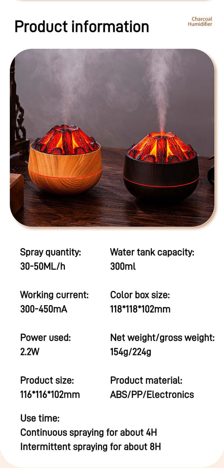 2024 New 300ML Artificial Charcoal Fire Air Humidifier Aroma Diffuser Mist Sprayer Mini Diffuser with Night Light for Home Aimak Store