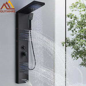 Black LED Shower Panel Tower System Rain Waterfall Shower Column Hydroelectricity Massage Body Spa Bath Shower Faucet Mixer Aimak Store