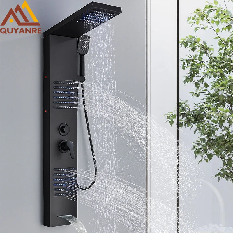 Black LED Shower Panel Tower System Rain Waterfall Shower Column Hydroelectricity Massage Body Spa Bath Shower Faucet Mixer Aimak Store