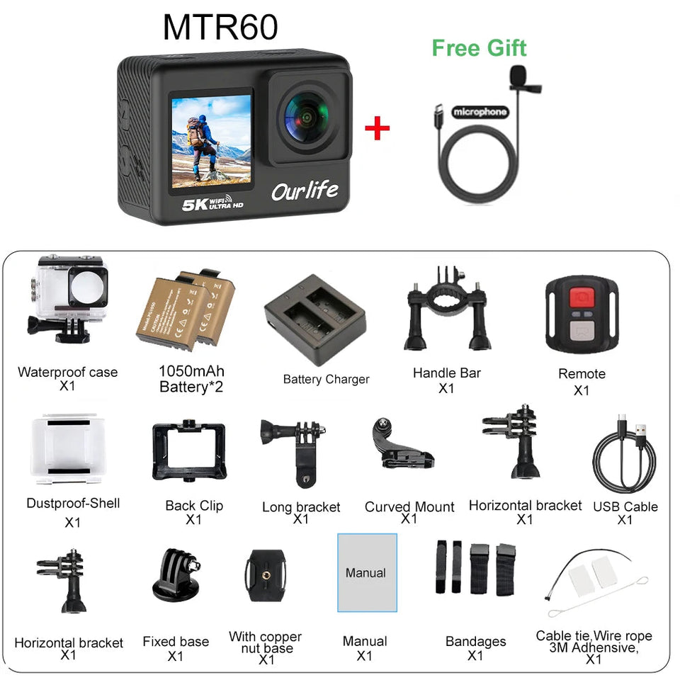Ourlife MTR60 Pro 5K Action Camera 2 inch IPS Touch Screen 170° 30M Waterproof WiFi 5X Zoom Action Helmet Sports Camera With EIS Aimak Store