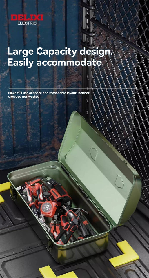 DELIXI Thicked Iron Tool Box Multi-functional Hard Case Industrial Tools Storage Box Household Car Hand-held Steel Storage Box Aimak Store