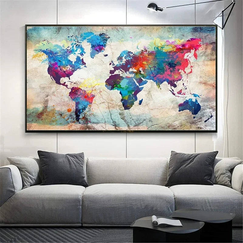 Modern Abstract World Map Wall Art Painting Porch Murals Poster Wall Picture Decorative Picture Home Decoration Aimak Store