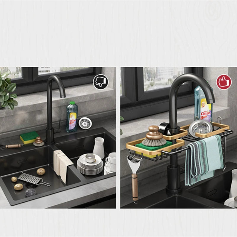 Kitchen Space Aluminum Sink Drain Rack Sponge Storage Faucet Holder Soap Drainer Shelf Basket Organizer Bathroom Accessories Aimak Store