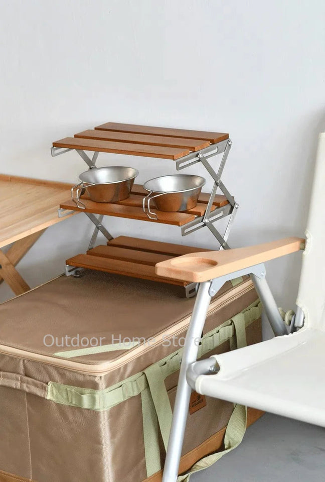 Camping Folding Shelf Outdoor Garden Wood Coffee Table Portable Lightweight Storage Rack Picnic Tourist Adjustable Shell Table Aimak Store