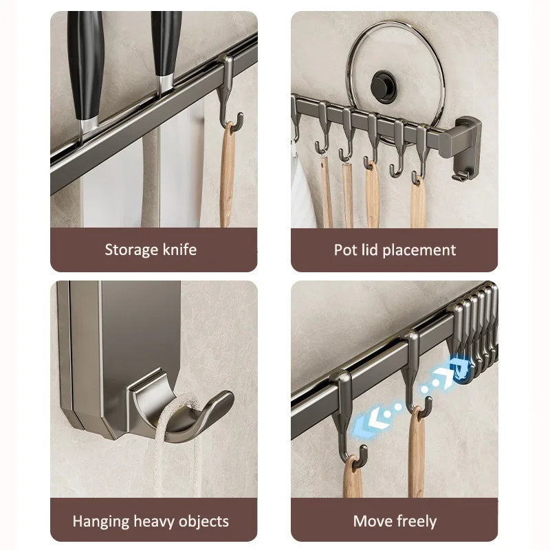 Kitchen Storage Rack Non-perforated shelves Wall Mounted with Movable hook Spoon Holder Organizer Kitchen Utensil Accessories Aimak Store