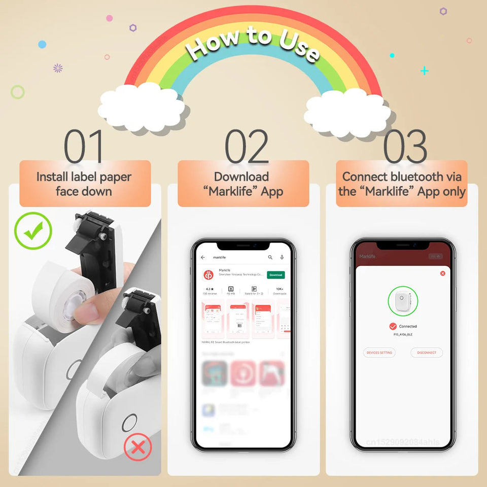 Potable Mini Printer P12 Adhesive Label Printer No Ink Printing Bluetooth Pocket Labeller with Cutter or 3PK Continue Label Roll Aimak Store