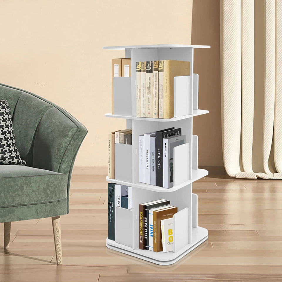 Bymaocar 360° Rotating Bookshelf, 3 Tier Standing Bookcase, Small Corner Bookcase White For Bedrooms/Living Rooms Aimak Store