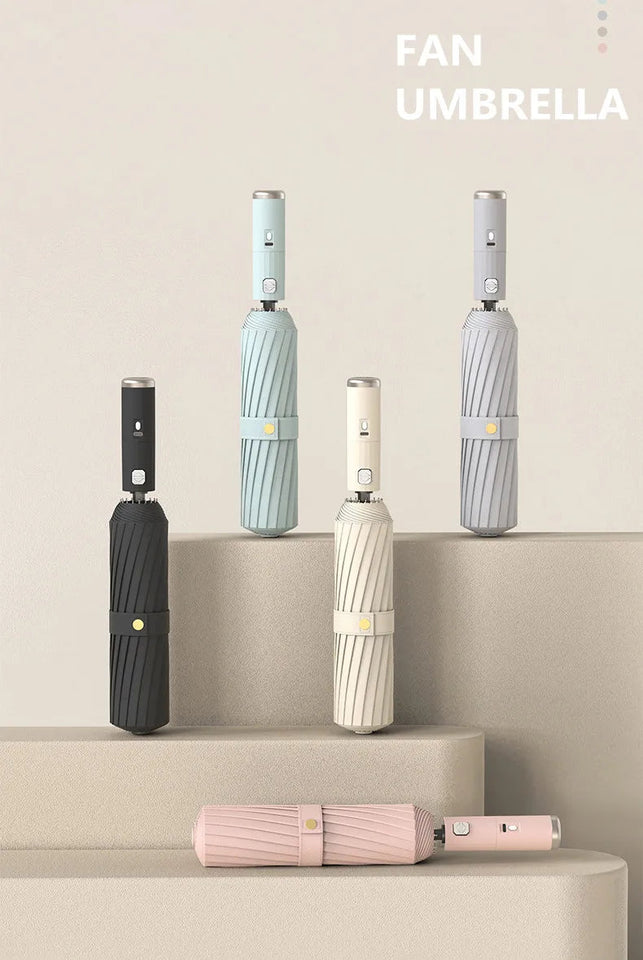 Folding Umbrella with Fan USB Charge Cool Ultra-light Parasol Black Coating Sun-resistant Umbrellas with Gift Box Aimak Store