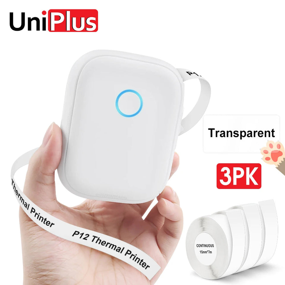 Potable Mini Printer P12 Adhesive Label Printer No Ink Printing Bluetooth Pocket Labeller with Cutter or 3PK Continue Label Roll Aimak Store