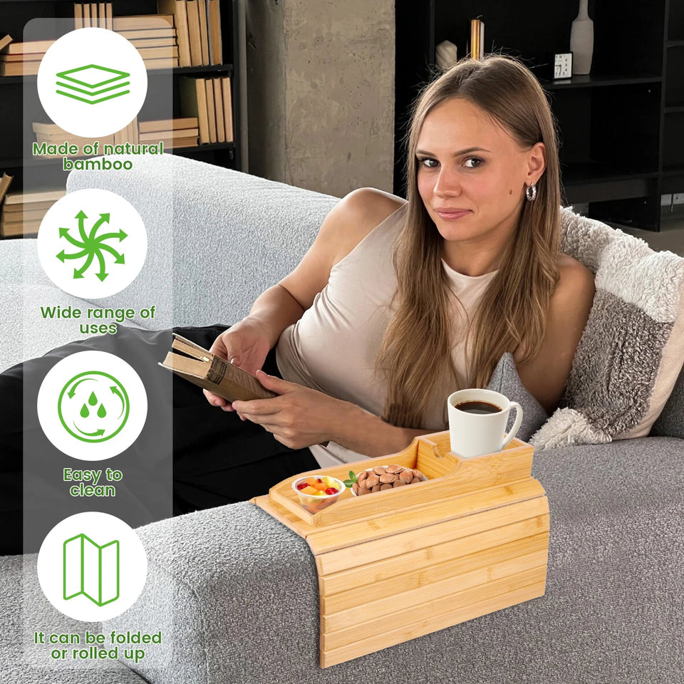 Couch Cup Holder Bamboo Wood Sofa Armrest Tray Foldable Sofa Cup Holder Anti-Slip Couch Arm Cup Holder Sofa Side Storage Tray Aimak Store