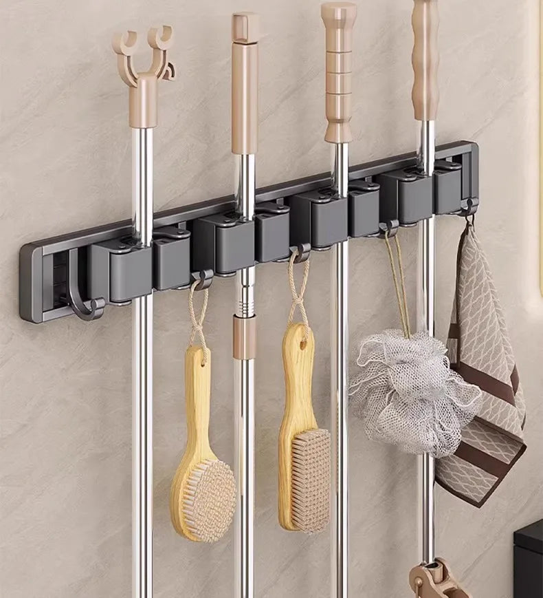 Mop and Broom Organizer Mop Holder Rack Mop Holder Wall Mounted Strong Broom Mop Holder Shelf with Hooks Organizers Hang Broom Aimak Store