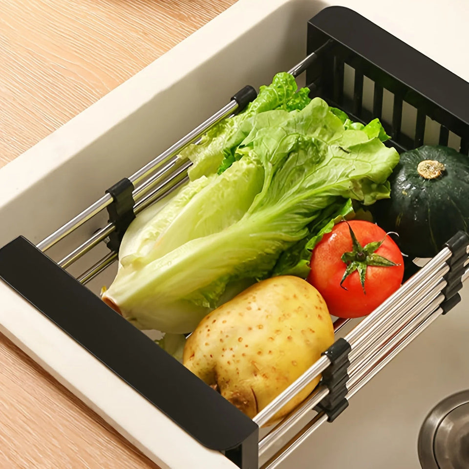 1pc Adjustable Dish Drainer Telescopic Over Sink Dish Drying Rack with  Fruit Vegetable Drain Basket Kitchen Tools and Utensils Aimak Store