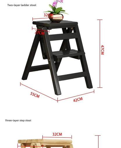 Multi-functional Bamboo Wood Folding Ladder Chair Kitchen Hat Rack 2 Step Ladder Province Space Stair Chair Plant Rack Furniture