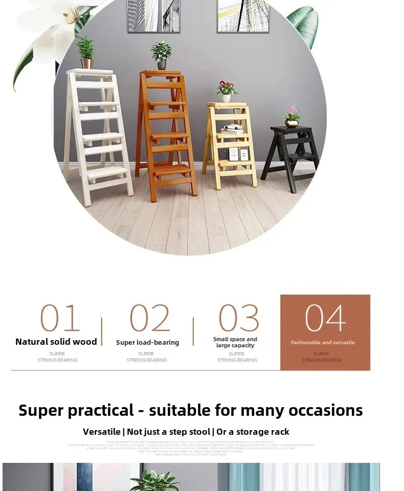 Multi-functional Bamboo Wood Folding Ladder Chair Kitchen Hat Rack 2 Step Ladder Province Space Stair Chair Plant Rack Furniture
