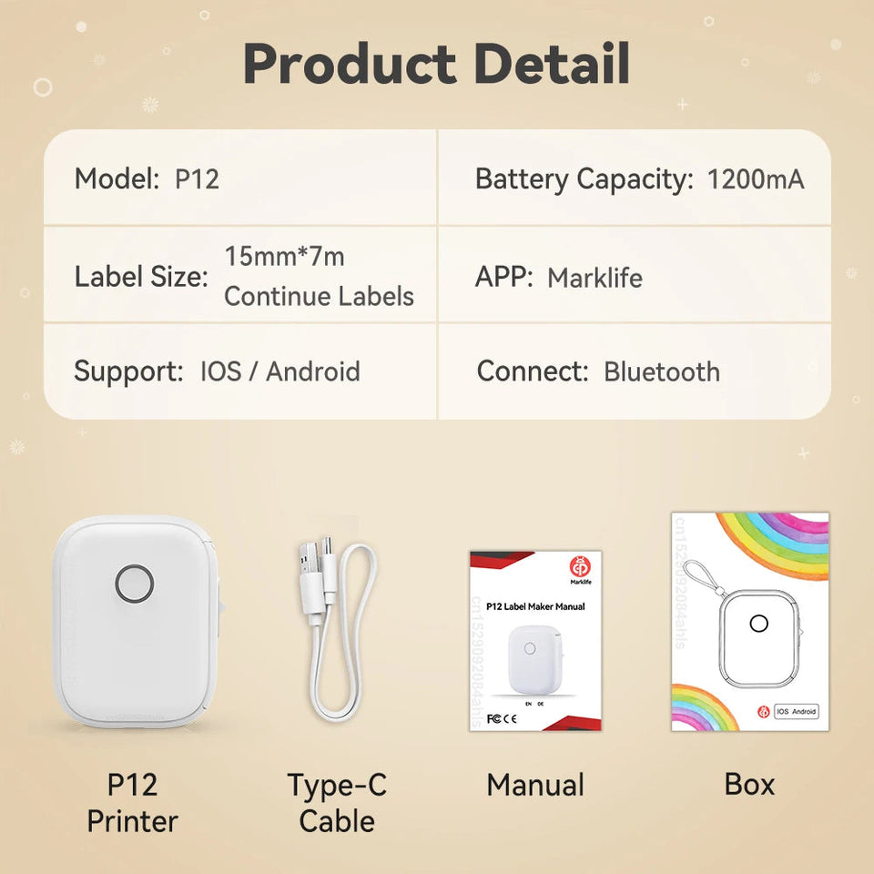 Potable Mini Printer P12 Adhesive Label Printer No Ink Printing Bluetooth Pocket Labeller with Cutter or 3PK Continue Label Roll Aimak Store