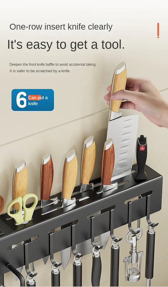 Stainless Steel Frame Wall Mounted Knife Holder Kitchen Nail Free Storage Rack Knife With Hook Kitchen Cabinet Storage Rack Aimak Store