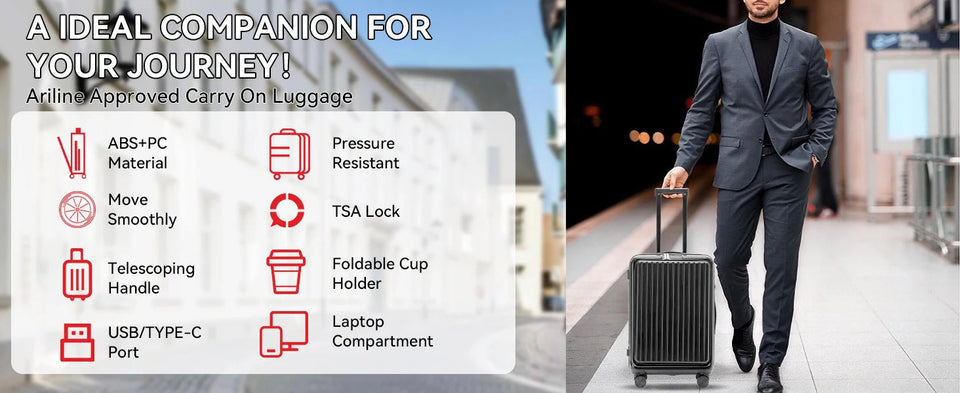 20 Inch Cabin Suitcase Front Opening Spinner Wheel Travel Rolling Luggage For Men Women Trolley Case With TSA Lock,USB Charging Aimak Store