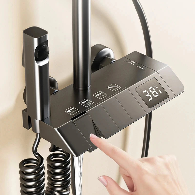 Piano Keys Shower System Set Bathroom Shower Set Gray Black Bathtub Hot and Cold Shower Faucet LED Digital Copper Tap Shower Set Aimak Store