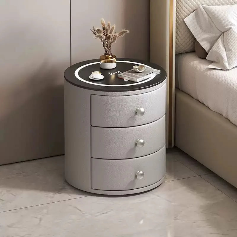 Smart nightstand, modern simple creative bedside table, light luxury senior sense of round net red leather household shelf Aimak Store