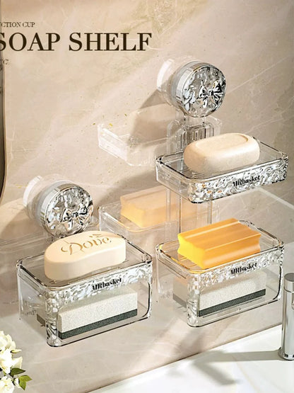 1 suction cup soap box, non perforated wall mounted bathroom shelf, double-layer drainage soap box