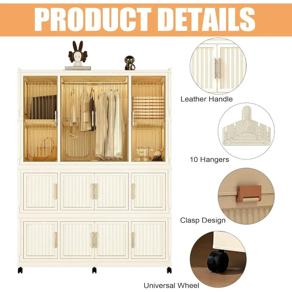 Portable Wardrobe Closet, Large Collapsible Plastic Wardrobe with Wheels, Foldable Clothes Storage Cabinet with 8 Shelves Aimak Store