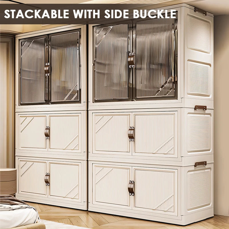 3-Tier Foldable Kids Wardrobe Storage Cabinet with Magnetic Doors & Wheels，Customizable Setup for Home Nursery Organization Aimak Store