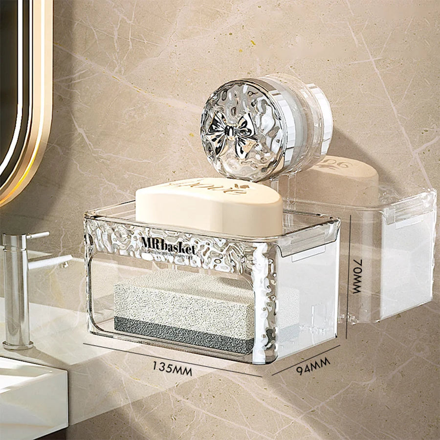 1 suction cup soap box, non perforated wall mounted bathroom shelf, double-layer drainage soap box