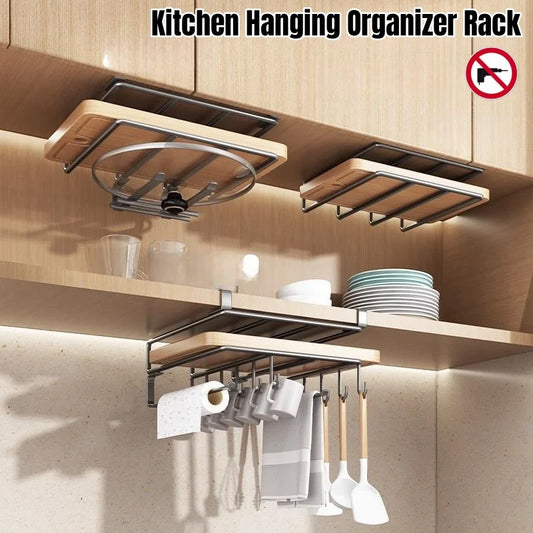 Kitchen Hanging Organizer Rack No Punching Under Cupboard Paper Towel Rags Hanger Cutting Board Pot Cover Holder Storage Shelf
