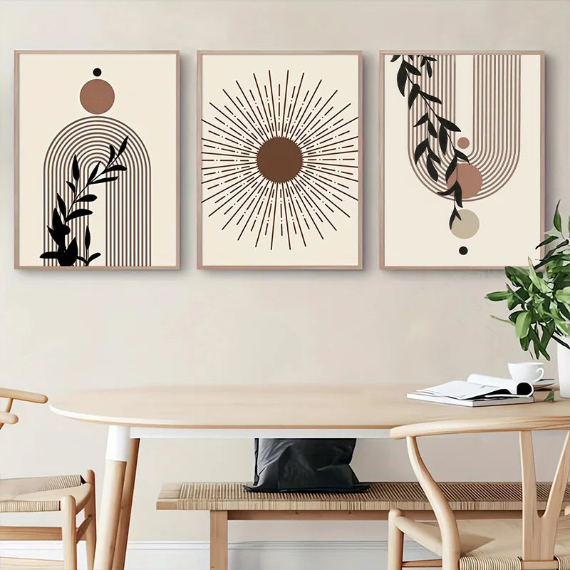 Framed Abstract Beige Bohemian Sun Leaf Poster Nordic Geometric Lines Canvas Painting Living Room Wall Art Home Decoration Mural Aimak Store