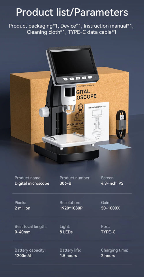 1000X 4.3" LCD Digital Microscope 1080P Coin Microscopio 8 LED Lights USB Magnifier Soldering Repair Video Microscope for Coin Aimak Store