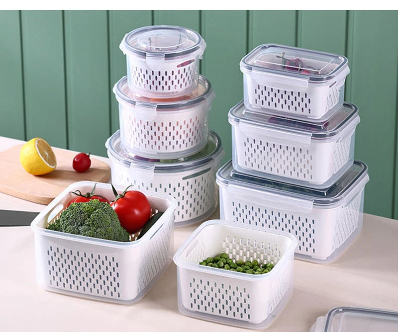 Multipurpose Refrigerator Storage Container with Drain Basket Crisper and Storage Box for Fruits Vegetables Aimak Store