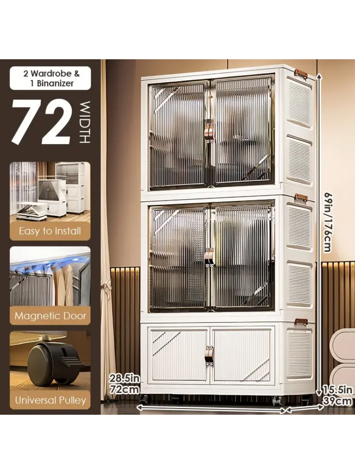 3-Tier Foldable Kids Wardrobe Storage Cabinet with Magnetic Doors & Wheels，Customizable Setup for Home Nursery Organization Aimak Store