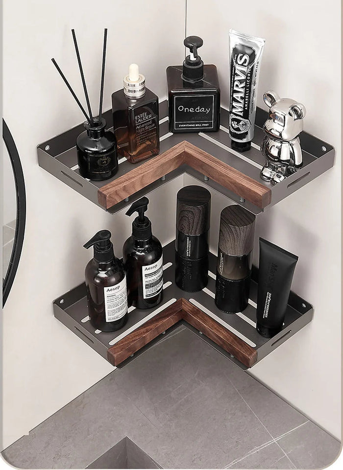Bathroom Shelf Corner Space Aluminum Wood Bathroom Triangle Basket Shower Room Storage Rack Wall Mounted Aimak Store