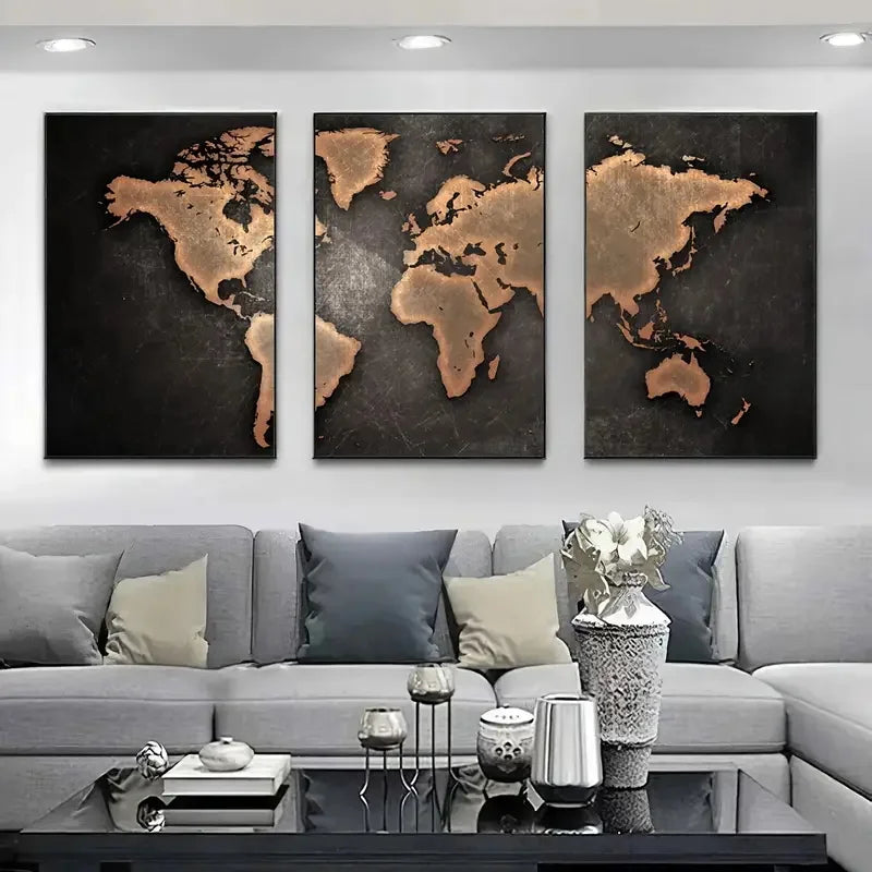 Retro World Map 3pcs/set Canvas Posters Nordic Wall Decor Wall Art Canvas Painting Living Room Bedroom Corridor Wall Decoration Aimak Store