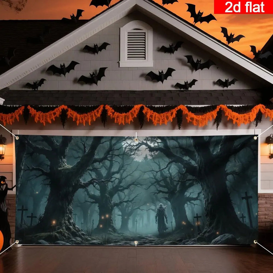 2D banner 1 piece, Halloween Garage Door - Scary forest, Cape figure, Twisted tree, garage door cover Halloween decoration Aimak Store
