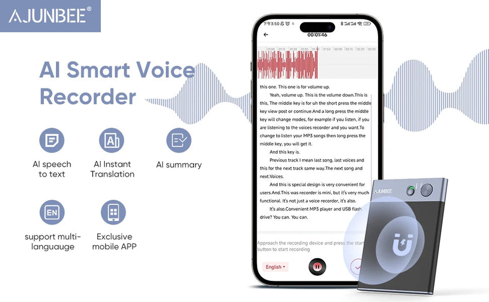 AI powered Voice Recorder  Summarize Instant Translation by ChatGPT  68 Languages,64GB Audio Recorder Magnetic for mobile phone Aimak Store