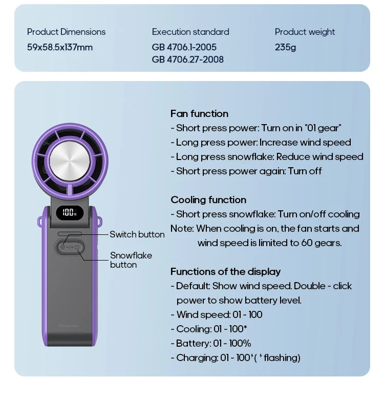 KINSCOTER Portable Air Cooling Turbo Fan 3600mAh 100 Wind Speeds Adjustable Outdoor Foldable Student Handheld Fan with Lanyard Aimak Store