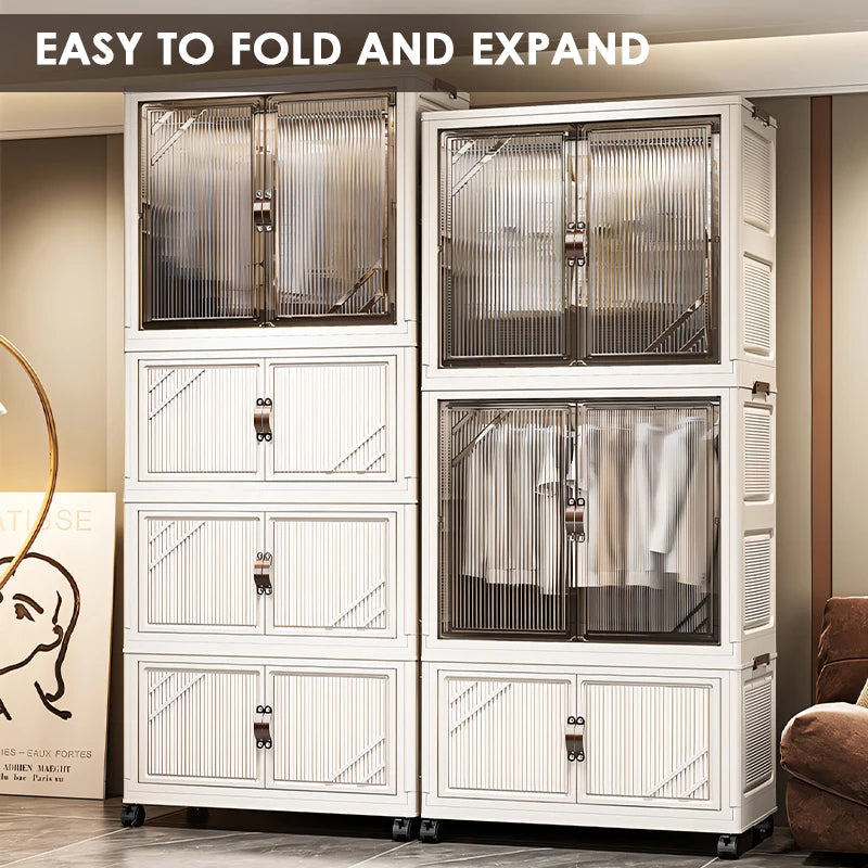 3-Tier Foldable Kids Wardrobe Storage Cabinet with Magnetic Doors & Wheels，Customizable Setup for Home Nursery Organization Aimak Store