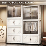 3-Tier Foldable Kids Wardrobe Storage Cabinet with Magnetic Doors & Wheels，Customizable Setup for Home Nursery Organization Aimak Store