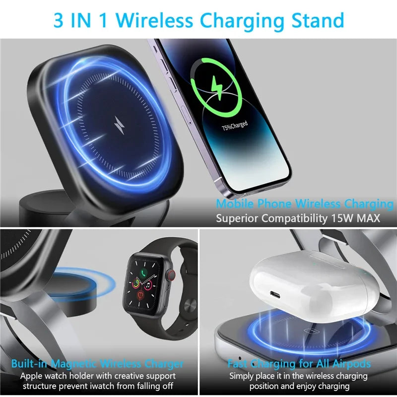 3 In 1 Foldable Magnetic Wireless Charger Stand For iPhone 16 15 14 Samsung IWatch AirPods 3/2 Station Dock Fast Charging Holder Aimak Store
