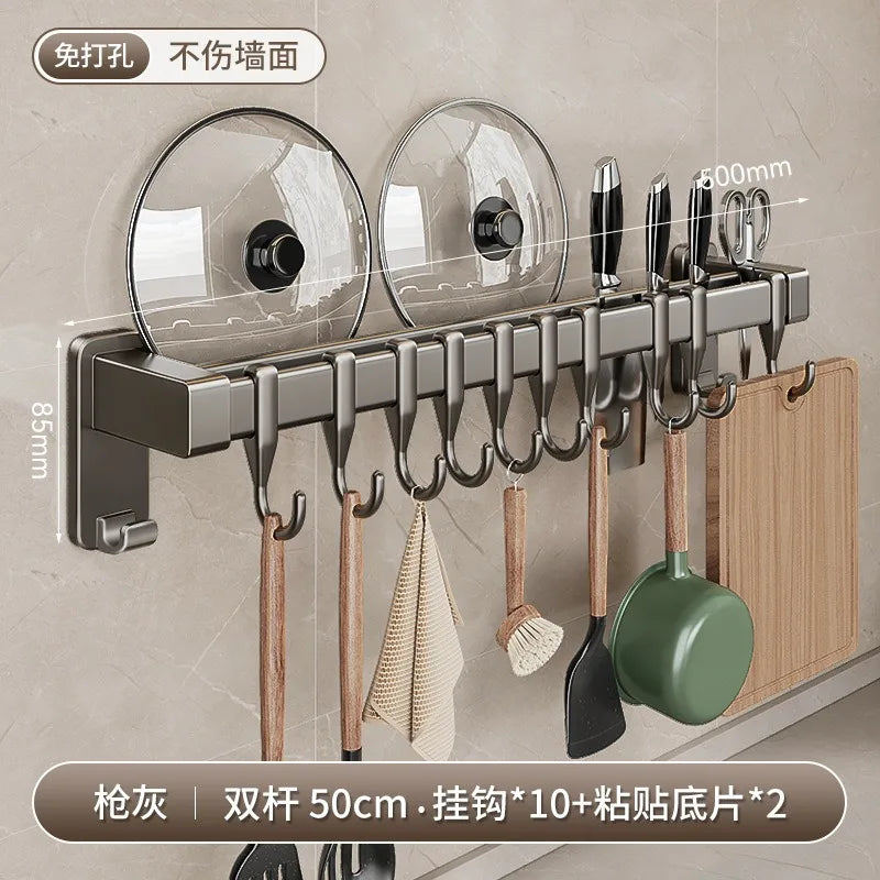 Kitchen Storage Rack Non-perforated shelves Wall Mounted with Movable hook Spoon Holder Organizer Kitchen Utensil Accessories Aimak Store